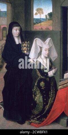 Isabel von Portugal mit St. Elisabeth, 1457-1460. Künstler: Petrus Christus. Petrus Christus (1410-1475) war ein frühniederländischer Maler, der ab 1444 in Brügge tätig war, wo er zusammen mit Hans Memling arbeitete. Stockfoto