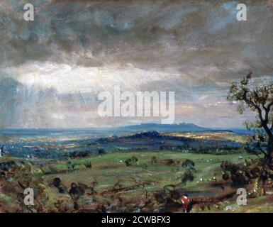 Hampstead Heath with Harrow in the Distance', c1821. Künstler: John Constable. John Constable (1776-1837) war ein englischer Landschaftsmaler in der romantischen Tradition. In Suffolk geboren, ist er vor allem für seine Landschaftsbilder von Dedham Vale bekannt. Stockfoto