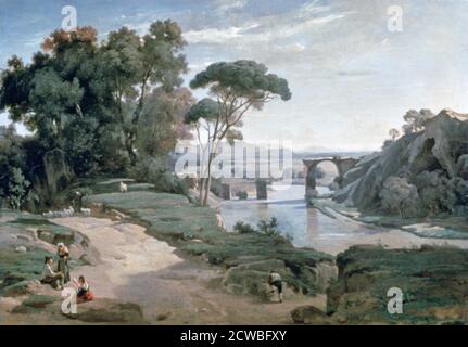 Die Brücke bei Narni', 1827. Künstler: Jean-Baptiste-Camille Corot. Jean-Baptiste-Camille Corot (1796-1875) war ein französischer Landschafts- und Porträtmaler sowie eine Kupferdruckradierung. Stockfoto