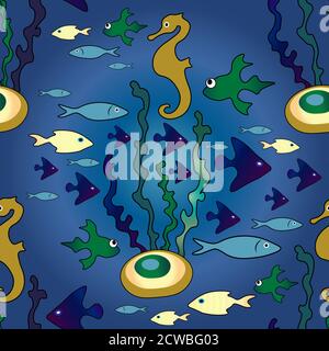 seepferdchen und andere Fische nahtloses Muster Stock Vektor