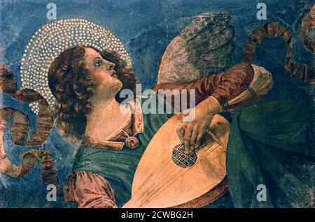 Ein Engel spielt die Laute, 15. Jahrhundert von melozzo da forli. Fragment eines Freskens, aus den Vatikanischen Museen, Vatikanstadt, Rom. Stockfoto