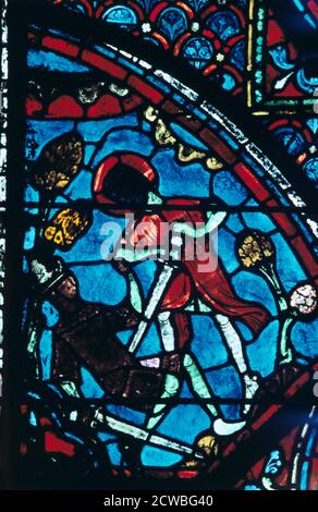 Roland durchsticht den Riesen Farragut im Nabel, Glasmalerei, Kathedrale von Chartres, Frankreich, 1194-1260. Detail aus dem Charlemagne-Fenster. Stockfoto