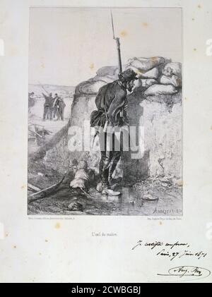 Belagerung von Paris, Deutsch-Französischen Krieg, 1870 (1871). Ein französischer Soldat auf Wache in einen Graben. Nach der verheerenden Niederlage der Franzosen bei Sedan und der gefangennahme Napoleons III., die Preußen in Paris am 9. September 1870 umgeben. Die Stadt hielt trotz Hunger, Krankheiten und Kälte bis ein Bombardement mit schweren Belagerung Gewehren führte zu seiner Kapitulation am 28. Januar 1871. Aus einer privaten Sammlung. Stockfoto