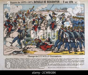 Schlacht von Reichshoffen, Deutsch-Französischen Krieg, 6. August 1870. Französische Kürassiere laden Preussische Infanterie. Die Schlacht von Reichshoffen (Schlacht von Wert), der ersten großen Engagement der Krieg endete mit einer Niederlage für die französische, mit 700 Kürassiere in der Nähe Feuer in einem Zähler getötet - Angriff auf das Dorf Morsbronn. Aus einer privaten Sammlung. Stockfoto