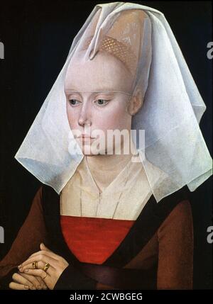 Portrait of a Lady', von Rogier Van der Weyden, 1460. Das Kostüm deutet auf ein Datum nach 1460 hin, vielleicht um 1466. Es deutet auch darauf hin, dass der Sitter ist eine sanftmütiger, anstatt ein Mitglied des Adels. Auf der Rückseite ist ein Bild des Kopfes von 'Christus mit Dornen gekrönt' (wahrscheinlich aus der Werkstatt von Rogier van der Weyden). Es ist ungewöhnlich, aber nicht beispiellos, ein religiöses Bild auf der Rückseite eines Porträts zu finden. Aus der Sammlung der National Gallery, London, Vereinigtes Königreich. Stockfoto