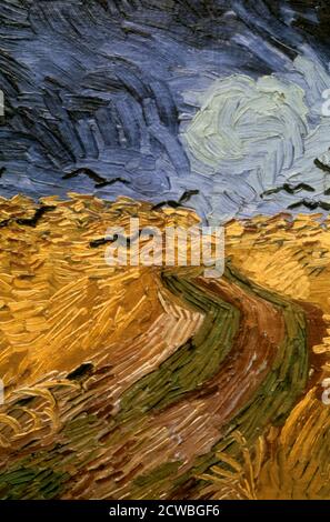 Wheatfield with Crows' von Vincent van Gogh, (Ausschnitt) 1890. In Auvers malte Van Gogh eine Vielzahl von Landschaften mit Weizenfeldern, alle auf ungewöhnlichen, länglichen Leinwänden (50 x 100 cm). Er schrieb an Theo über zwei dieser Werke: Sie zeigen riesige, gestreßte Weizenfelder unter wütenden Himmeln, und ich versuchte bewusst, Traurigkeit und extreme Einsamkeit in ihnen auszudrücken. Aber diese Bilder hatten auch eine positive Seite: Ich bin mir fast sicher, dass diese Bilder zeigen, was ich nicht in Worten ausdrücken kann, das heißt, wie gesund und beruhigend ich die Landschaft finde. Gemalt in den letzten Wochen seines Lebens. Aus dem Stockfoto