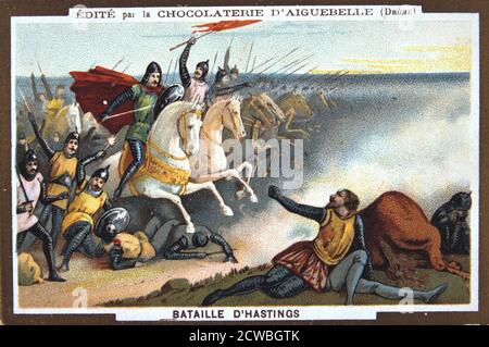 Die Schlacht von Hastings, 1066, (19. Jahrhundert). Darstellung der berühmten Schlacht zwischen den einfallenden Normannen unter Wilhelm dem Eroberer, und die sächsische Armee von König Harold in Sussex. Karte aus einer Reihe von Veröffentlichungen der Schokoladenfabrik im Kloster von Aiguebelle. Stockfoto