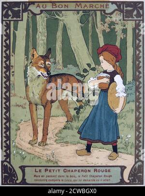 Rotkäppchen', 19. Jahrhundert. Sie geht durch den Wald und trifft den Wolf, der sie fragt, wohin sie geht. Stockfoto