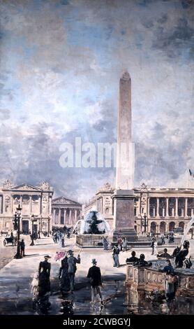 Obelisk von Luxor und der Place de la Concorde' von Emmanuel Lansyer, 1891. Der 22.83 Meter hohe und 230 Tonnen schwere Obelisk, der den Eingang zum Amon-Tempel in Luxor markierte, wurde 1836 installiert. Hittorf hat die Dekoration des Ortes zwischen 1833 und 1846 vollendet. Der Obelisk befindet sich in der Mitte eines Ovals, dessen zwei Zentren Brunnen sind, die in der gleichen Zeit gebaut wurden. An jeder Ecke des Achtecks befindet sich eine Statue, die eine der großen französischen Städte darstellt: Lille, Straßburg, Lyon, Marseille, Bordeaux, Nantes, Brest und Rouen. Lansey malte diese Tafel für den Salon de Lettres in Stockfoto