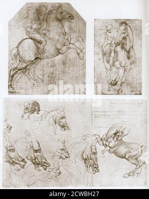 Reiter' von Leonardo da Vinci, 1480-1481. Studie zu 'die Anbetung der Könige', aus der Sammlung von Captain Colville, London, England; oben rechts: 'Horseman', 1480-1481, Studie zu 'die Anbetung der Könige', aus der Sammlung von John Nicholas Brown, Rhode Island, USA; unten: 'Horse, Lion's Head, and Face of man, c1504, Studien zu 'The Battle of Anghiari', aus der Sammlung der Royal Library, Windsor Castle, Windsor, England. Stockfoto