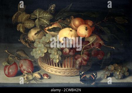 Obstkorb und Admiral Butterfly auf Steintisch' von Joanes busschaert, 1610. Stockfoto