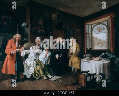 Heirat A-la-Mode: 6. The Lady's Death' von william Hogarth, c1743. Die silberne Zunge wurde aufgehängt und die Gräfin hat Gift genommen. Ihr Vater - ein Stadtselender - entfernt den Ring von ihrem Finger. Die Szene ist ein Kaufmannshaus in der Nähe der London Bridge. Stockfoto