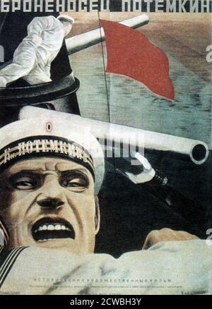 Russisches sowjetisches Propagandaplakat für 'Battleship Potemkin' ein sowjetischer Stummfilm von 1925 unter der Regie von Sergei Eisenstein, produziert von Mosfilm. Es präsentiert eine dramatisierte Version der Meuterei, die 1905 stattfand, als die Besatzung des russischen Schlachtschiffes Potemkin gegen seine Offiziere rebellierte. Stockfoto