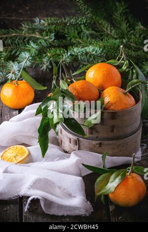 Mandarinen mit Blättern im Jahrgangssieb mit Weihnachtsbaum und trockenem Orange auf weißem Textillappen über altem Holztisch. Dunkler rustikaler Stil Stockfoto