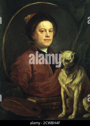 Der Maler und sein Pug ' von william Hogarth, 1745. Das Porträt projiziert bewusst einen Leitfaden dafür, wie Hogarth andere an ihn denken wollte. Das Gemälde des Künstlers in zwangloser Kleidung ruht auf einem Stapel von Büchern, die (im fertigen Stich) Shakespeare, Milton und Swift beschriftet sind. William Shakespeare und John Milton wurden allgemein anerkannt, die größten modernen englischen Autoren und Jonathan Swift war ein energischer moderner Satiriker. Die Palette und der Graver repräsentieren Hogarth's Doppelrollen als Maler und Graveeur und die "Line of Beauty" spielt auf seine Lieblingskunsttheorie an. Das einzige lebende Objekt in Stockfoto