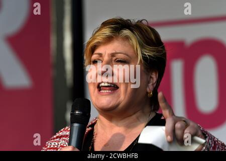 Foto von Emily Thornberry bei der Demonstration der Volksabstimmung. Emily Anne Thornberry (1960-) eine britische Politikerin, die seit 2016 im Schattenkabinett von Jeremy Corbyn als Schattenstaatssekretärin für auswärtige Angelegenheiten und Commonwealth-Angelegenheiten und seit 2017 als Schattenstaatssekretärin tätig ist. Sie ist eine Kandidatin für den Führer der Labour Party bei den Führungswahlen 2020 Stockfoto