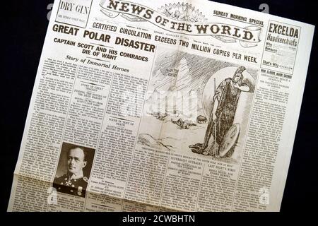 News of the World Zeitung berichtet über den Tod von Kapitän Scott. Robert Falcon Scott (1868-1912) ein Offizier und Forscher der Royal Navy, der zwei Expeditionen in die antarktischen Regionen leitete: Die Discovery-Expedition von 1901-1904 und die unglückliche Terra Nova-Expedition von 1910-1913 Stockfoto