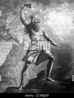 Gravur mit Thor, Sohn von Odin, gott des Donners und der Beleuchtung in der nordischen Mythologie Stockfoto