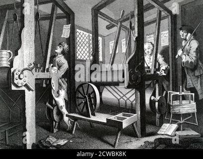 Gravur mit dem Titel 'Industrie und Müßiggang' von William Hogarth. Der fleißige Lehrling macht sich ruhig mit seinem Weben weiter, während der müßige Lehrling von der Wirkung einer Nacht des Schwelens schläft. Stockfoto