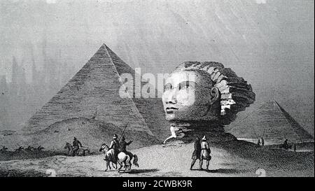 Gravur der Pyramiden und der Sphinx in Gizeh. Stockfoto