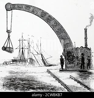 Gravur mit William Fairbairns Schwanenhalskran (10-Tonnen-Modell), der nach dem gleichen Prinzip wie die Conwy und Britannia Rohrbrücke gebaut wurde. In dieser Version wurde eine Dampfmaschine auf der Gegengewicht-Plattform platziert. Stockfoto