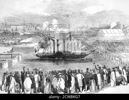 Gravur mit der Öffnung der Birkenhead Docks, Liverpool. Stockfoto