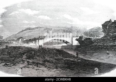 Gravur, die die Nachwirkungen der Überschwemmung von Sheffield und seiner Umgebung aufgrund des Scheiterns des Dale Dyke des Bradfield Reservoir darstellt: 11. März 1864. Es gab erhebliche Schäden und Verluste an Menschenleben. Das Dorf Hillsborough nach der Flut. Stockfoto