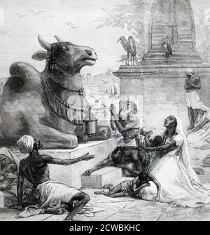 Gravur mit Hungersnot in Bengalen: Hindus beten zu Nandi um Erleichterung. Stockfoto