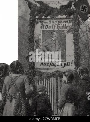 Schwarz-Weiß-Fotografie zum Volksentscheid in Österreich zum Thema Annexion mit Deutschland. Das Referendum fand am 10. April 1938 statt; Nazi-Propaganda während der österreichischen Volksentscheid-Kampagne. Stockfoto