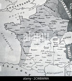 Schwarz-weiß Reproduktion einer Karte von Frankreich mit der Demarkationslinie zwischen Nazi besetzten Frankreich im Norden und Vichy Frankreich im Süden. Während des Zweiten Weltkriegs (1939-1945). Stockfoto