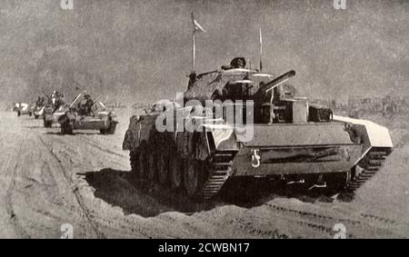 Schwarz-Weiß-Fotografie des Zweiten Weltkriegs (1939-1945); britische Panzer setzen ihren Vormarsch durch die Wüste nach dem Sieg von El Alamein fort. Stockfoto
