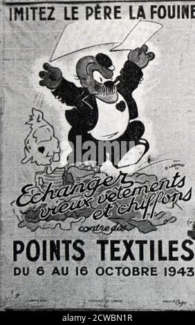 Schwarz-Weiß-Fotografie des Zweiten Weltkriegs (1939-1945) zeigt bestimmte Aspekte des Alltags im deutsch besetzten Paris; ein Plakat, das für den Austausch alter Kleidung wirbt. Stockfoto
