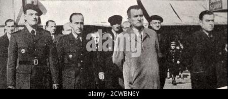 Schwarz-Weiß-Fotografie des Zweiten Weltkriegs (1939-1945) zeigt die "Stars" (Vedetten) der französischen Zusammenarbeit mit Deutschland; Joseph Darnard (1897-1945), der als Leiter zahlreicher französischer und deutscher Milizen diente. Stockfoto