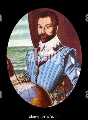 Abbildung von Sir Francis Drake. Francis Drake (c. 1540. - 28. Januar 1596, war ein englischer Kapitän, Privatmann, Sklavenhändler, Pirat, Marineoffizier und Entdecker der elisabethanischen Ära. Drake führte die zweite Weltumrundung in einer einzigen Expedition durch, von 1577 bis 1580, und war der erste, der die Reise als Kapitän abschliessen konnte, während er die Expedition während der gesamten Umrundung führte. Stockfoto