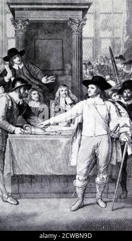 Illustration mit Oliver Cromwell (1599 - 1658), englischem Militär- und politischen Führer. Er diente als Lord Protector des Commonwealth von England, Schottland und Irland. Cromwell war einer der Unterzeichner des Todesurteil von König Karl I. im Jahr 1649, und er dominierte das kurzlebige Commonwealth of England als Mitglied des Rump Parliament (1649-1653). Am 20. April 1653 entließ er das Rumpfparlament mit Gewalt und gründete eine kurzlebige nominierte Versammlung, die als Barebones-Parlament bekannt ist Stockfoto
