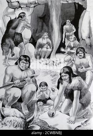 Abbildung einer Familie von Steinzeitjägern in einer Höhle. Die Steinzeit war eine breite prähistorische Periode, in der Stein wurde weit verbreitet, um Geräte mit einer Kante, einem Punkt oder einer Schlagfläche zu machen. Der Zeitraum dauerte etwa 3.4 Millionen Jahre und endete zwischen 8700 v. Chr. und 2000 v. Chr. mit dem Aufkommen der Metallverarbeitung Stockfoto
