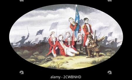 Illustration zeigt den Tod von General James Wolfe (1727 - 1759); British Army Officer bekannt für seine Ausbildung Reformen und erinnerte vor allem für seinen Sieg im Jahr 1759 über die Französisch in der Schlacht von der Ebene von Abraham in Quebec. Wolfe wurde auf dem Höhepunkt der Schlacht der Ebenen Abrahams durch Verletzungen von drei Muskenkugeln getötet. Stockfoto