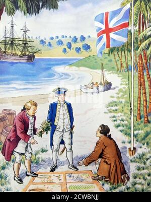 Abbildung: Captain James Cook landete am Sonntag, dem 29. April 1770, am südlichen Ufer der Botany Bay, im heutigen Silver Beach, als er sich auf seinem Schiff HMS Endeavour die Ostküste Australiens entlang begab. Cooks Landung markierte den Beginn des Interesses Großbritanniens an Australien und an der späteren Kolonisierung dieses neuen "südlichen Kontinents". Stockfoto