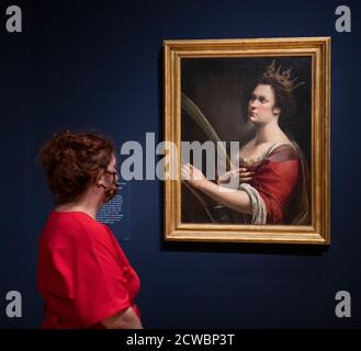 National Gallery, London, Großbritannien. 30. September 2020. Die erste Ausstellung in Großbritannien, die große Artemisia-Ausstellung des Werkes von Artemisia Gentileschi (1593-1654 oder später), wird am 3. Oktober eröffnet und wegen der Sperre von Covid-19 von Anfang April verschoben. Die Ausstellung ist inspiriert von der jüngsten Übernahme von Gentileschis Selbstporträt als Heilige Katharina von Alexandria.Bild: Artemisia Gentileschi, Heilige Katharina von Alexandria (c. 1615-17). Gallerie degli Uffizien - Firenze. Quelle: Malcolm Park/Alamy Live News. Stockfoto