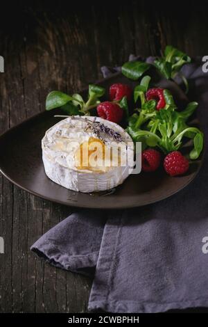 Braun Keramik Teller mit frischem Ziegenkäse, serviert mit Honig, Honig, Lavendel, Himbeeren und grünem Salat auf Grau textile Serviette über alte Holz- Stockfoto