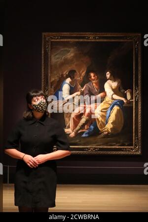 Die Schauspielerin Ellice Stevens steht vor Lot und seinen Töchtern, 1636-8, von Artemisia Gentileschi, während eines Fotoanrufs, um eine Vorschau auf die kommende Artemisia-Ausstellung der National Gallery in London zu erhalten. Stockfoto