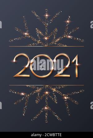 Frohes neues Jahr 2021 Hintergrund mit Goldrahmen und Schneeflocke. Glänzend mit funkelnden Zahlen und Grenze Weihnachtskarte. Grußformel Stock Vektor