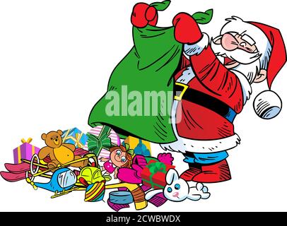 Vektor-Illustration zeigt einen fröhlichen Weihnachtsmann, der Weihnachtsgeschenke aus einer Tasche schütteln. Illustration in Cartoon-Stil isoliert auf weißem Hintergrund Stock Vektor