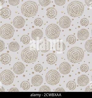 Abstraktes Nahtloses Muster mit 3d golden glitzernder Acrylfarbe runde Spiralkreise und Polka Punkt auf grauem Hintergrund. Handgezeichneter Glitzer-Text Stockfoto