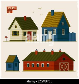 Vorstadthäuser. Verschiedene ländliche Häuser und Scheunen Stock Vektor
