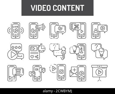 Benutzerdefinierte Video-Inhalte schwarze Symbole gesetzt. Zeichen für Webseite, mobile App, Schaltfläche, Logo. Vektor isoliertes Element. Bearbeitbare Kontur. Stock Vektor