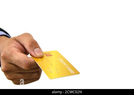 Hand hält Kreditkarte isoliert auf weißem Hintergrund. Stockfoto