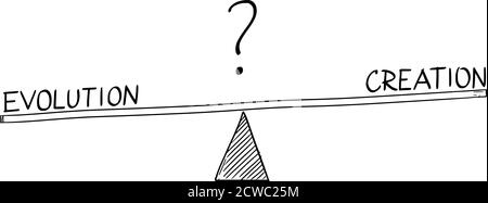 Rough Doodle Vektor Cartoon Zeichnung der Evolution und Schöpfung auf einfachen Waage. Evolutionismus versus Kreationismus. Religion gegen Wissenschaft. Stock Vektor