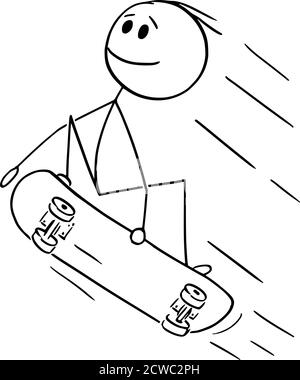 Vektor Cartoon Stick Figur Zeichnung konzeptionelle Illustration von Mann, Junge, Skater oder Skateboarder springen oder tun Trick oder Skateboarding auf Skateboard. Stock Vektor