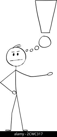Vektor Cartoon Stick Figur Zeichnung konzeptionelle Illustration von wütend frustrierten Mann oder Geschäftsmann mit Denken Blase oder Ballon in Form von Ausrufezeichen oder Symbol. Stock Vektor